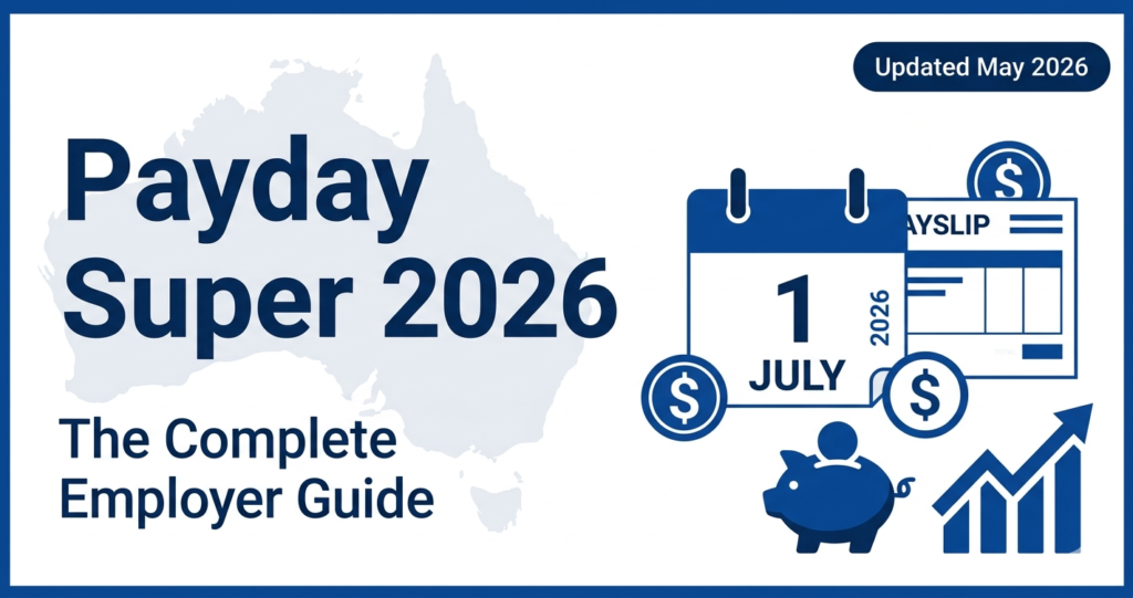Professional illustration for Payday Super 2026 Australia showing a corporate blue theme with an Australian map, a calendar marked 1 July 2026, and icons for a super guarantee charge calculator and a payday super employer checklist.