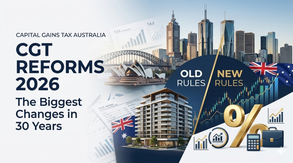 Capital Gains Tax Australia 2026 reforms chart comparing old rules vs new rules for property and shares.